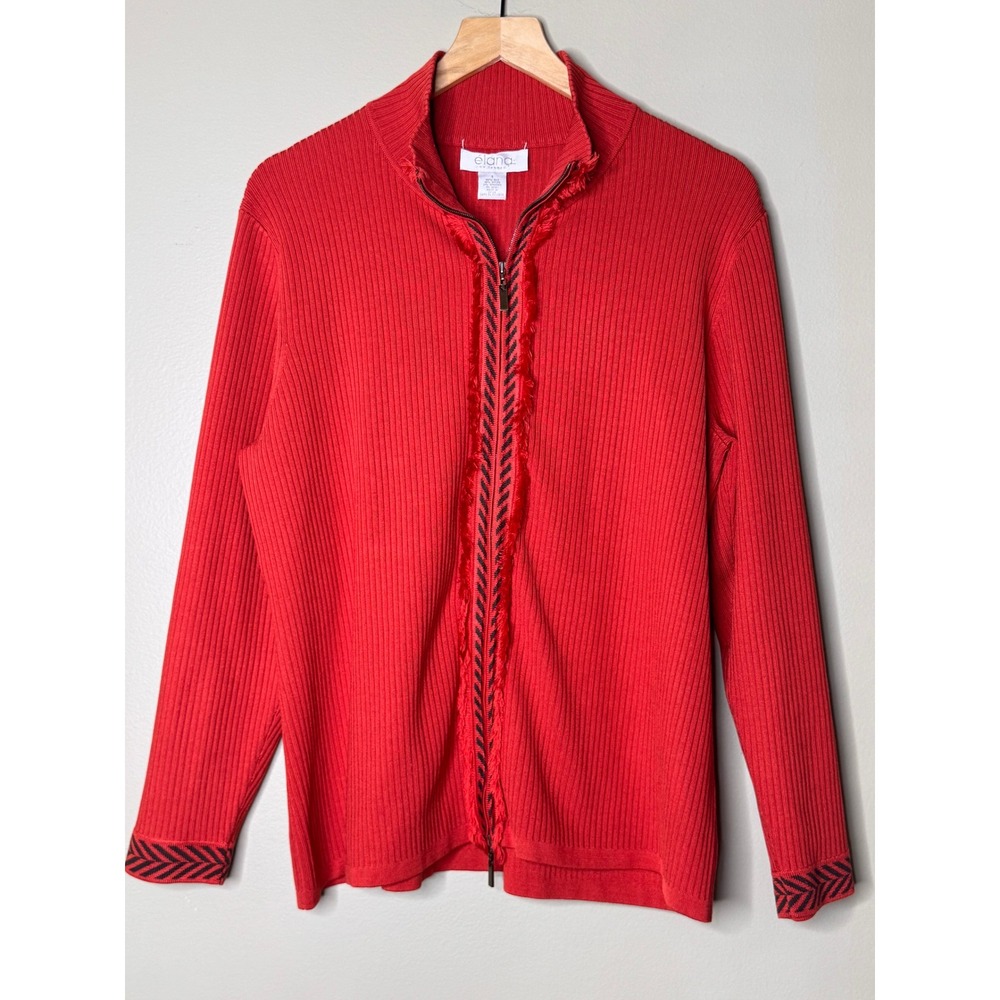 Elana by Tanner Silk Blend Cardigan Sz 1 Red Black Fringe Zip Y2K Sweater